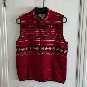 Woolrich Red Wool Zip-Up Sweater Vest Holidays Winter Christmas Snowflake M